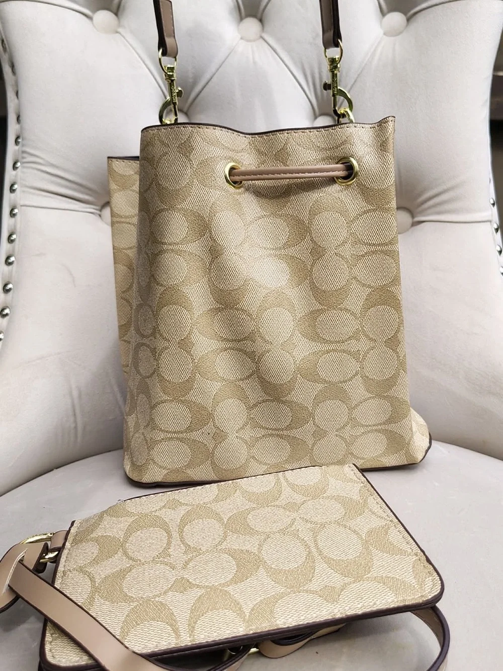 Coach Beige Signature Canvas Drawstring Bucket Bag with Leather Trim